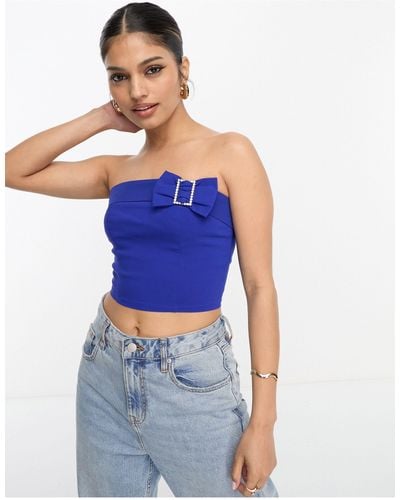 Miss Selfridge Cropped Bandeau Corset Top With Diamante Detail - Blue