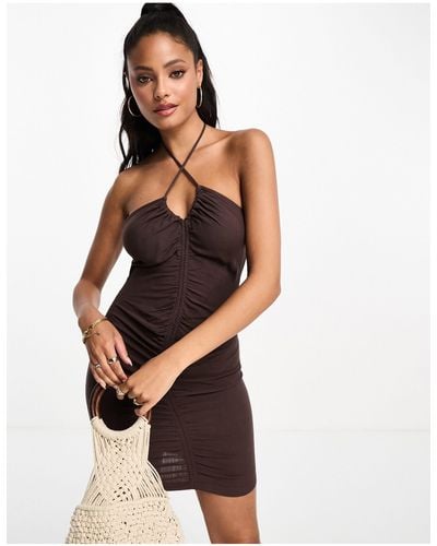 Pull&Bear Ruched Linen Look Halterneck Mini Dress - Brown