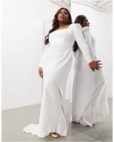 ASOS Asos Design Curve Gigi Satin Square Neck Long Sleeve Wedding Dress In - Gray