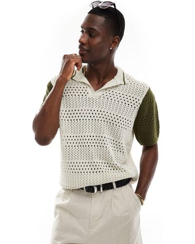 ASOS Knitted Crochet Polo With Contrast Sleeves - Natural