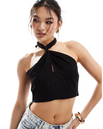 In The Style Halterneck Wrap Front Crop Top - Black