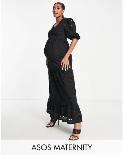 ASOS Asos Design Maternity - Diepuitgesneden Midi Jurk Met Stroken, Broderie En Knoopjes Aan - Zwart