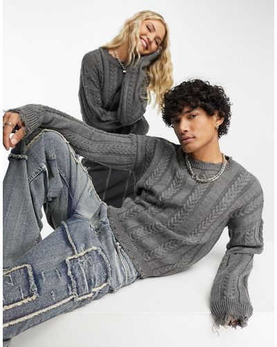 Collusion Unisex Knitted Jumper With Nibble Detail - Grey