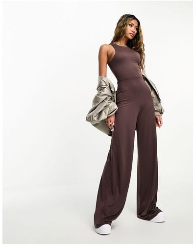 ASOS Racer Neck Jumpsuit With Wide Leg - Brown