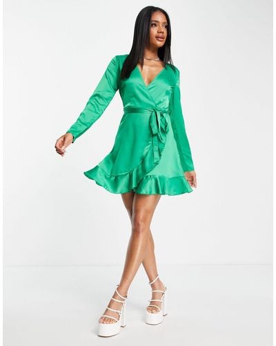 Missguided Satin Wrap Mini Dress - Green