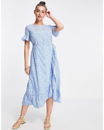 Vero Moda Frill Detail Midi Dress In Blue Spot Cotton