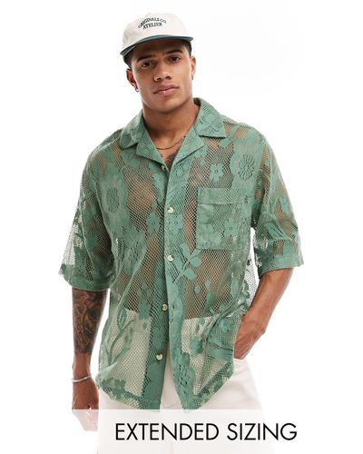 ASOS Short Sleeve Relaxed Revere Lace Shirt - Green