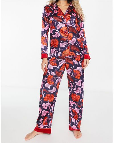 NIGHT Satin Long Pyjamas With Velvet Cuffs - Red
