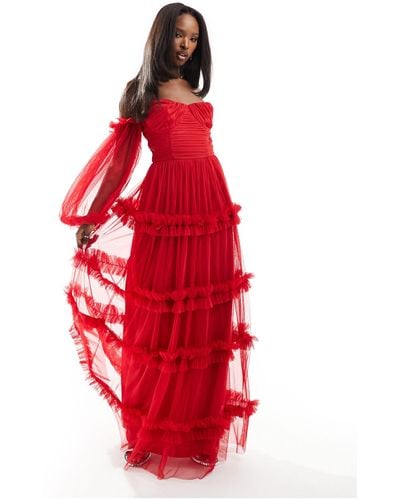 LACE & BEADS Sheer Sleeve Tulle Ruffle Maxi Dress - Red