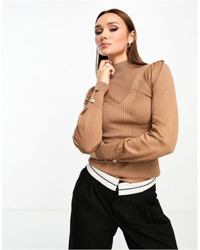 River Island Puff Sleeve Knit Top With Button Detail - Brown
