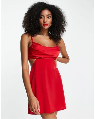 ASOS Satin Bias Mini Dress With Pleated Bodice And Cut-out Detail - Red