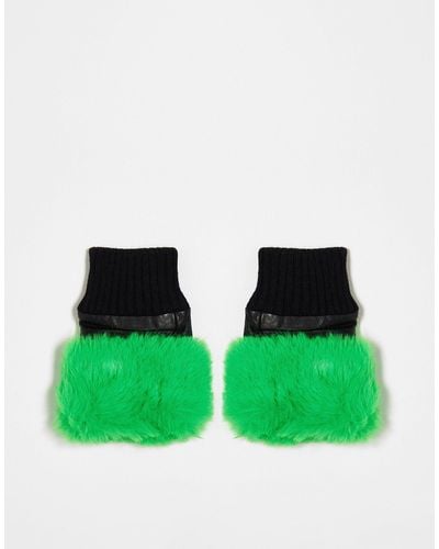 Jayley Leather Faux Fur Trim Fingerless Gloves - Green