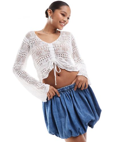 Pieces Crochet Ruched Front Top - White