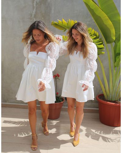 Labelrail X collyer twins - robe babydoll courte à manches transparentes - Blanc