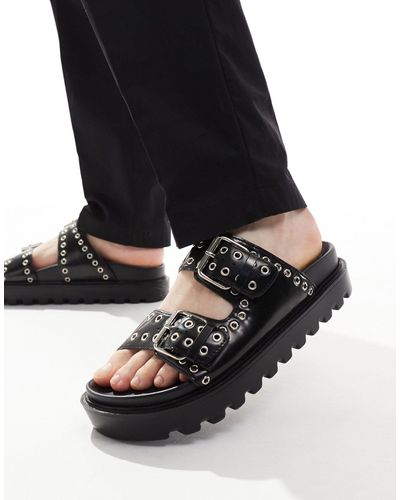 ASOS – sandalen aus em pu mit durchgehendem ösenbesatz und breiten schnallen - Schwarz