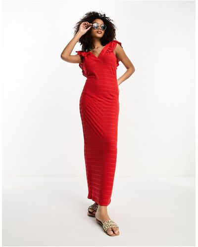 Vila Embroide Ruffle Sleeve Midi Dress - Red