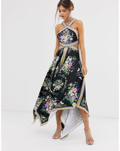 ASOS Dark Scarf Print Halter Midi Dress With Cutout Sides - Multicolor