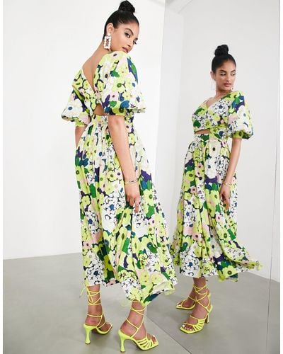 ASOS Wrap Front Linen Midi Dress With Blouson Sleeve - Multicolor