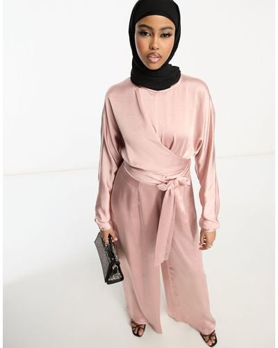 ASOS Satin Jumpsuit With Batwing Sleeve And Wrap Waist - Pink