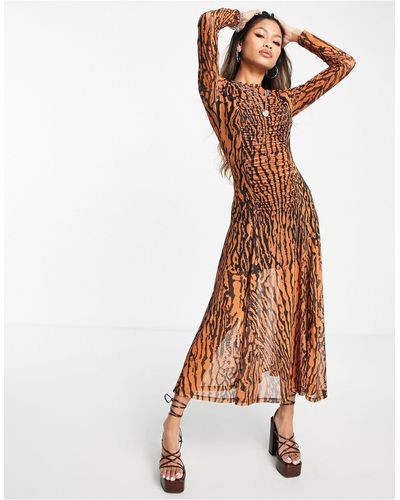 TOPSHOP Ruch Front Animal Mesh Midi Dress - Brown