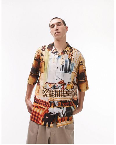 TOPMAN – kurzärmliges, es hemd mit lockerem schnitt, reverskragen und café-print - Mehrfarbig