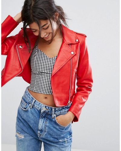 Bershka Leather Look Biker Jacket - Red