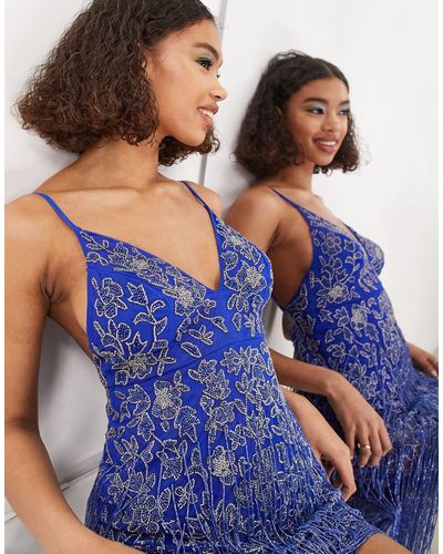 ASOS Vestido corto con diseño floral y flecos - Azul