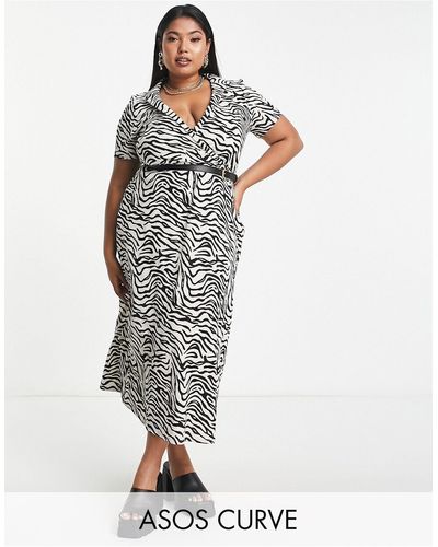 ASOS Asos design curve - vestito midi a maniche corte a portafoglio bianco e nero zebrato con cintura - Multicolore