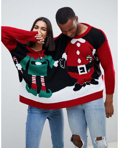 Boohoo Eslcusiva exclusive - Maglione natalizio multicolore per due persone con Babbo Natale ed elfo - Rosso