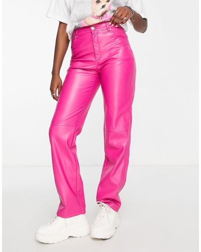 Bershka Straight Leg Faux Leather Trouser - Pink