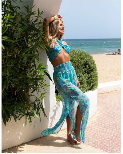 South Beach X Miss Molly - Strandtop Met Halternek En Retro Bloemenprint - Blauw
