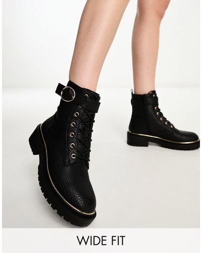 New Look Wide Fit Pu Lace Up Boot With Hardware - Black