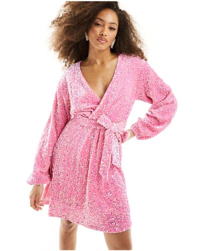 Pieces Sequin Belted Wrap Mini Dress - Pink