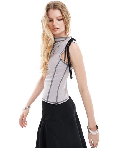 Collusion High Neck Rib Tank Top With Bunny Tie Shoulder - White