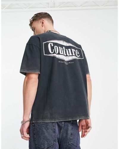 The Couture Club T-shirt comoda lavaggio acido nero con stampa del logo sul petto e sul retro - Blu