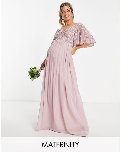Beauut Maternity Bridesmaid Emellished Bodice Maxi Dress With Flutter Sleeve - Pink