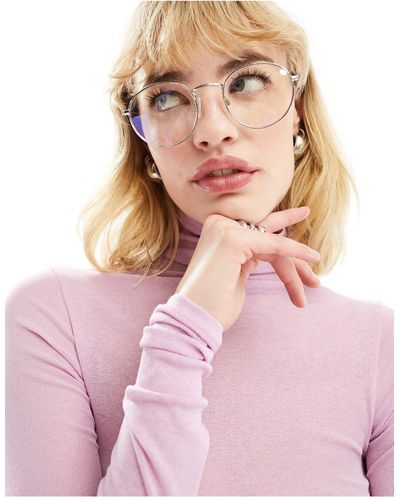 ASOS Clear Lens Metal Round Glasses With Blue Light Lens - Pink