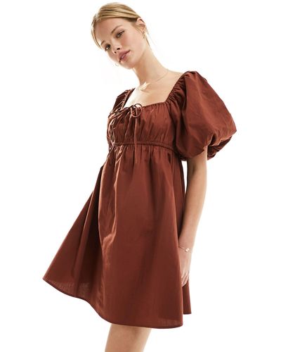 ASOS Puffed Sleeve Smock Mini Dress - Brown