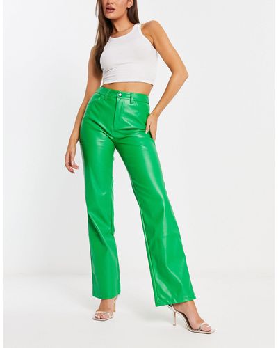 NA-KD Faux Leather Straight Leg Trousers - Green