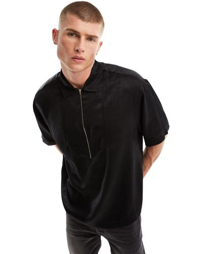 ASOS Boxy Oversized Half Zip Sand Wash Satin Shirt - Black