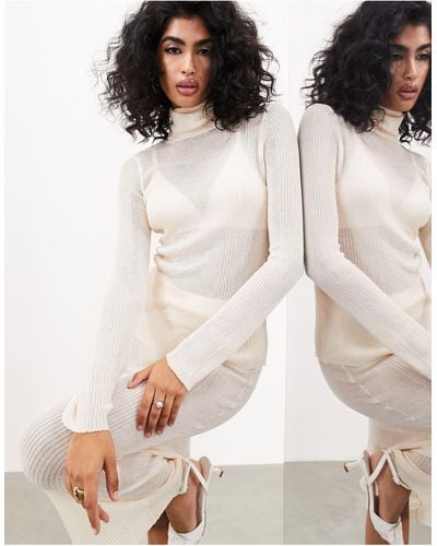 ASOS Fine Knit Roll Neck Long Sleeve Top - Natural