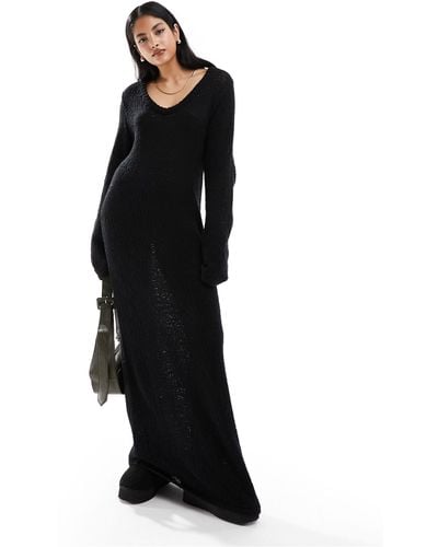 4th & Reckless Boucle Knit V Neck Knitted Maxi Dress - Black