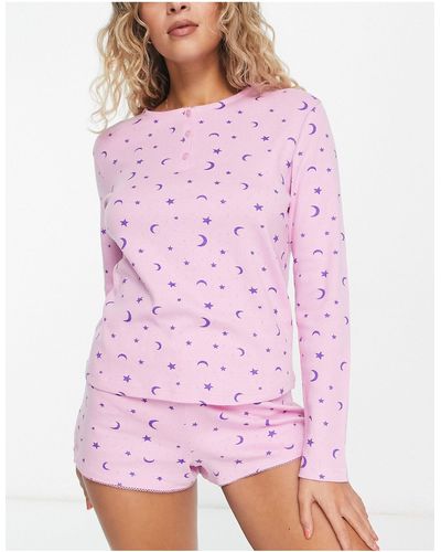 ASOS Sweet Dreams Pointelle Henley Top & Shorts Pyjama Set - Pink