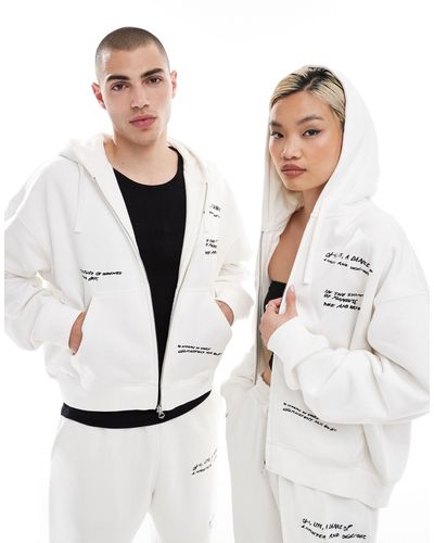 Weekday Unisex Co-ord Boxy Fit Zip Through Hoodie With Graphic Embroidery - Natural