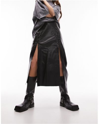 TOPSHOP Premium Lattice Lace Up Midi Skirt With Splits - Black