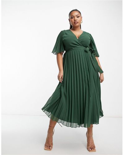 ASOS Curve - Exclusives - Geplooide Midi-jurk Met Kimonomouwen En Gestrikte Taille - Groen