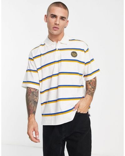 VANS Polo Shirt Mens Large Yellow Striped Long Sleeve White Collar Logo