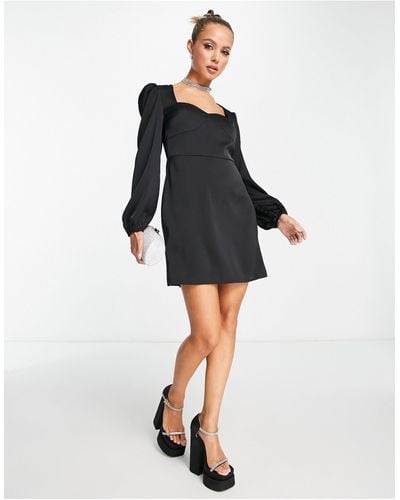 Lola May Satin Bustier Long Sleeve Mini Dress - Black