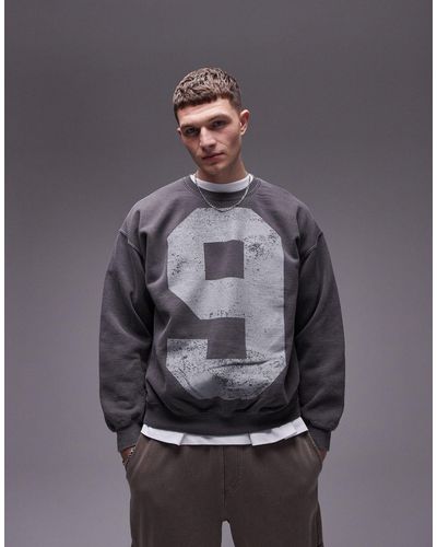 TOPMAN Sudadera negro lavado extragrande con estampado "95" en el pecho y la espalda - Gris