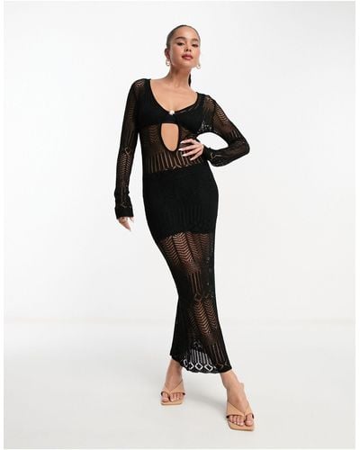 Style Cheat Long Sleeve Crochet Midaxi Dress - Black